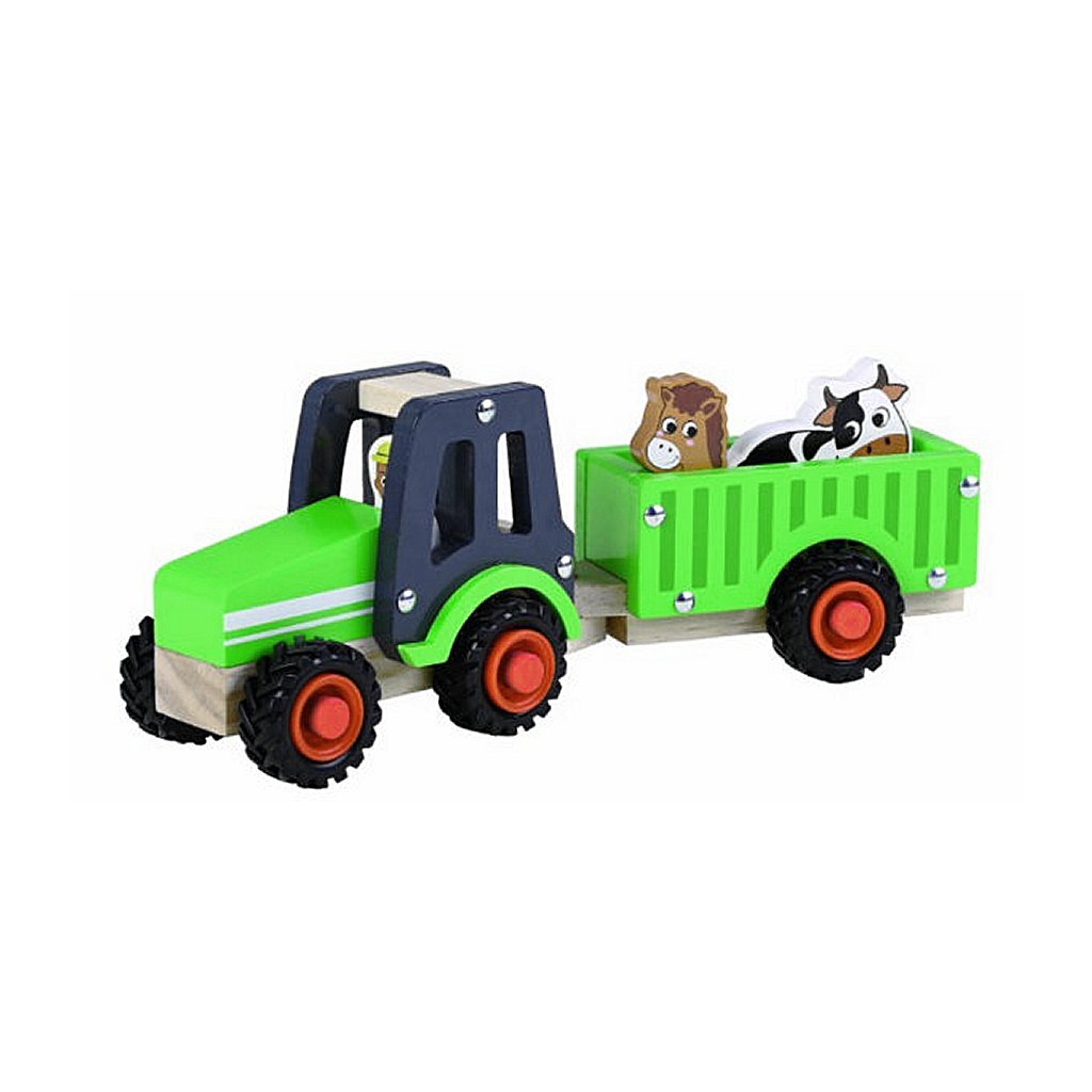 Einfach für Kinder Holztraktor + Anhänger und Tiere