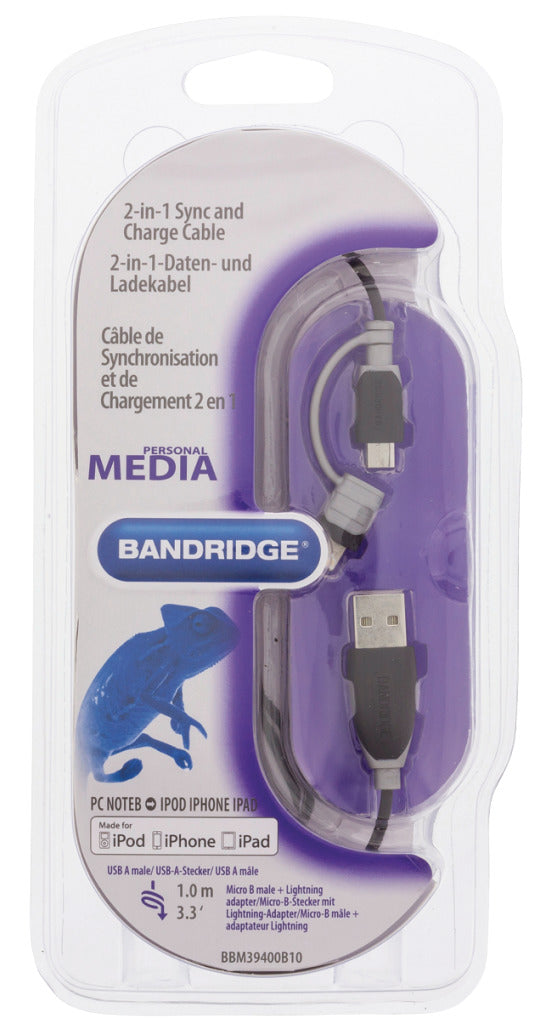 Bandridge BBM39400B10 2-in-1-Daten- und Ladekabel, USB-Micro-B-Stecker + Lightning-Adapter – A-Stecker, 1,00 m, Schwarz