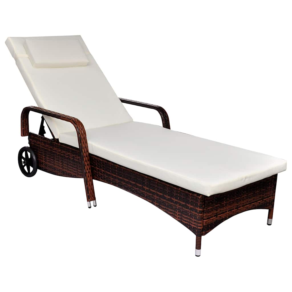 Vidaxl ligbed met kussen en wieltjes poly rattan bruin