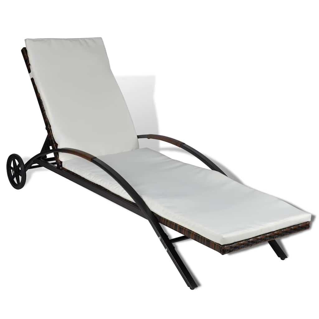 Vidaxl ligbed met kussen en wieltjes poly rattan bruin
