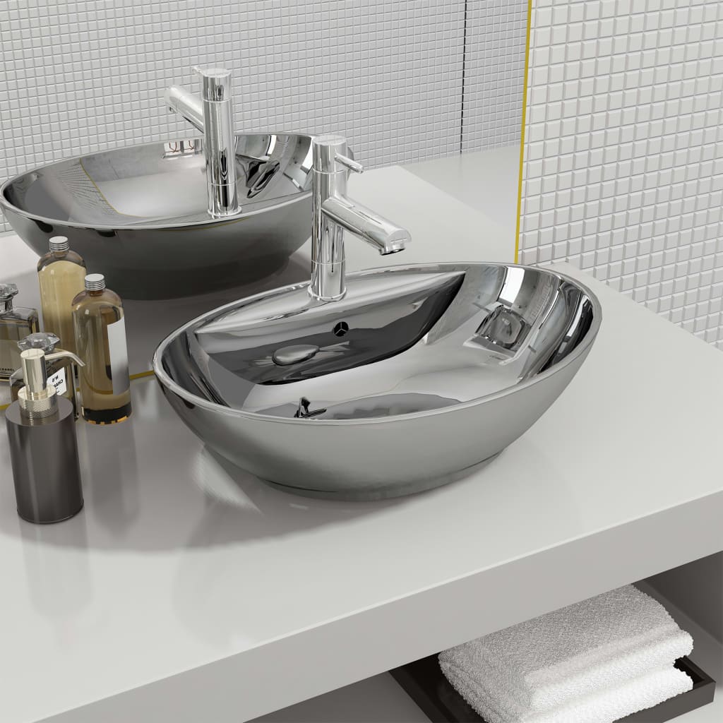 VIDAXL WASHBAIN mit Landung 58,5 x 39 x 21 cm Keramik Silber gefärbt