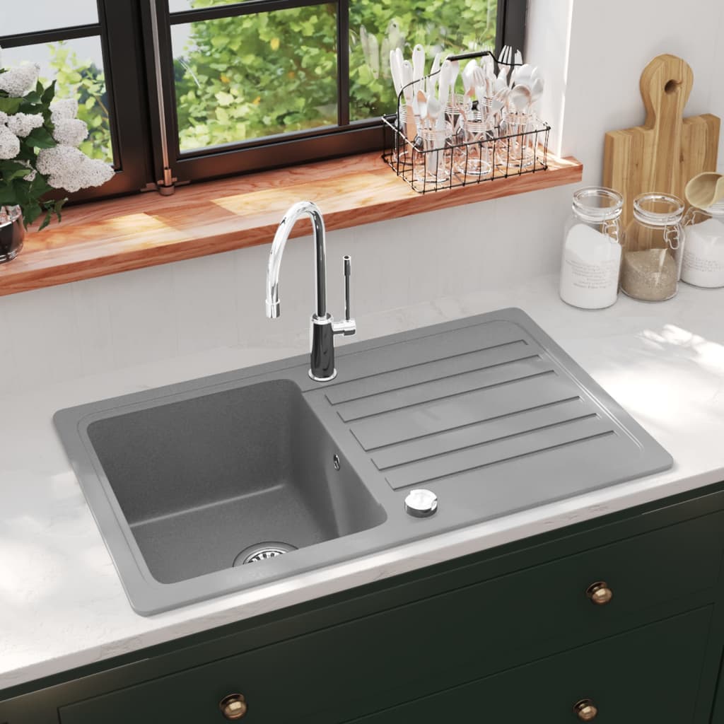 Vidaxl Sink Granit Einer Behälter mit Abfluss reversibler Grau
