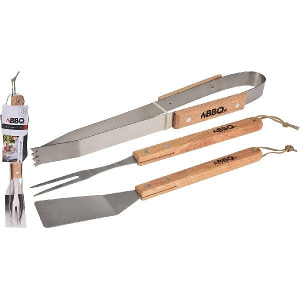 Grillbesteck Edelstahl Holz 36cm 3-teilig
