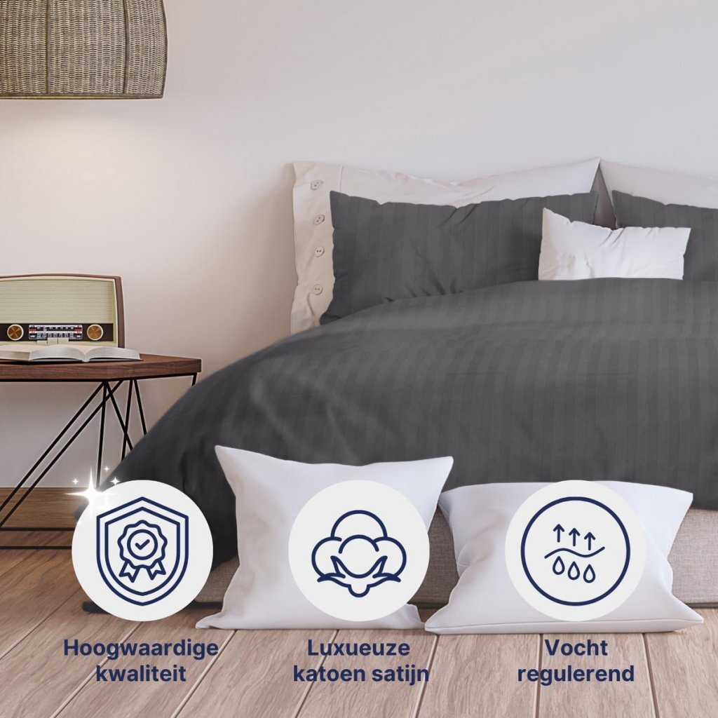 Ten Cate Baumwollsatin-Doppelbettbezug, gestreift, 240 x 200 cm, 220 cm, Anthrazit