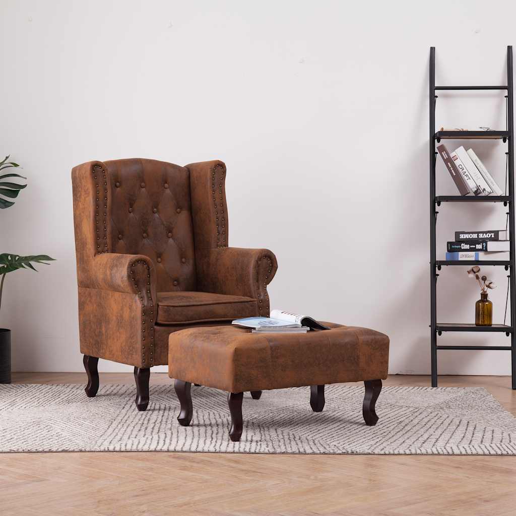 Vidaxl fauteuil en voetenbank chesterfield-stijl kunstsuède bruin