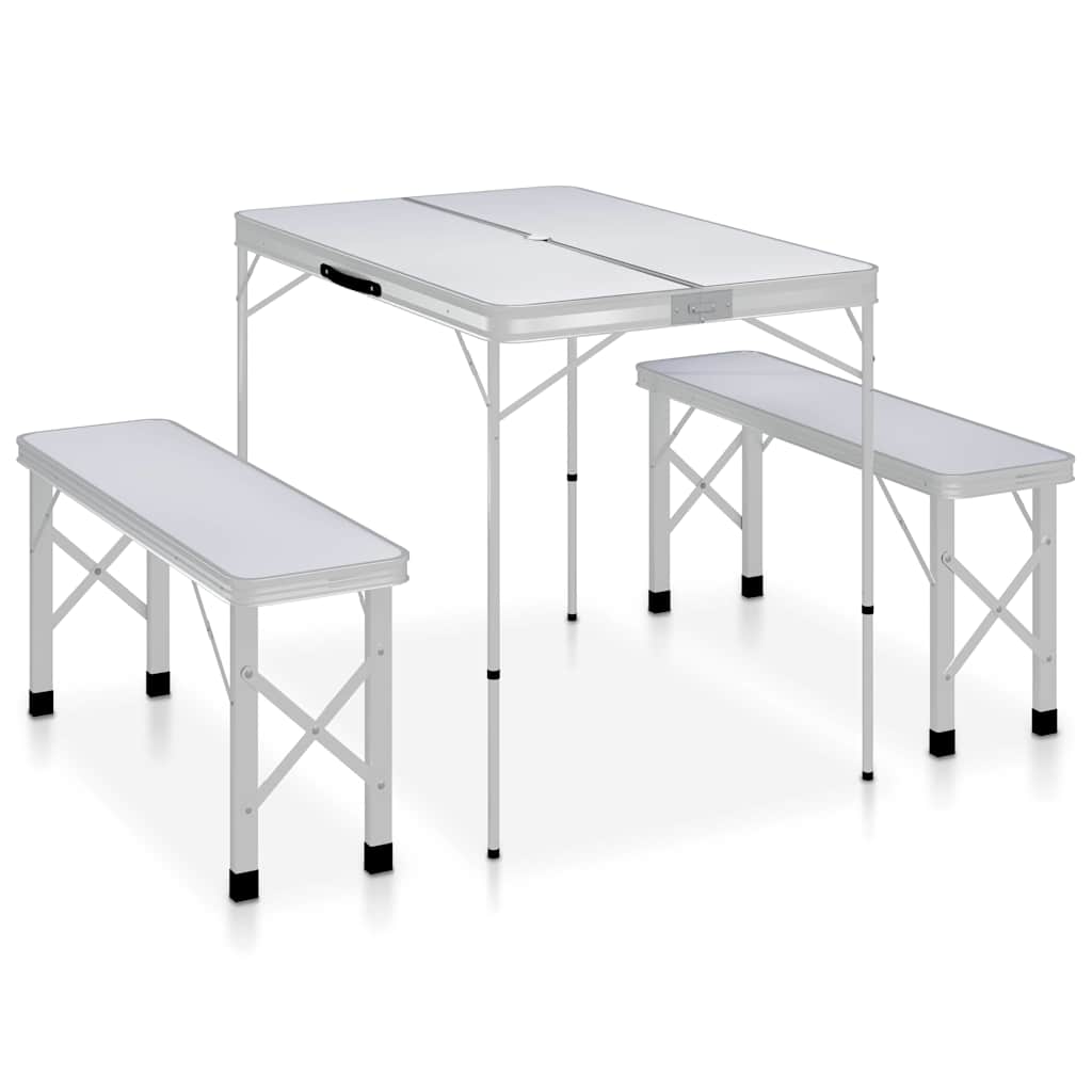 Vidaxl Camping -Tisch faltbar mit 2 Bänken Aluminiumweiß