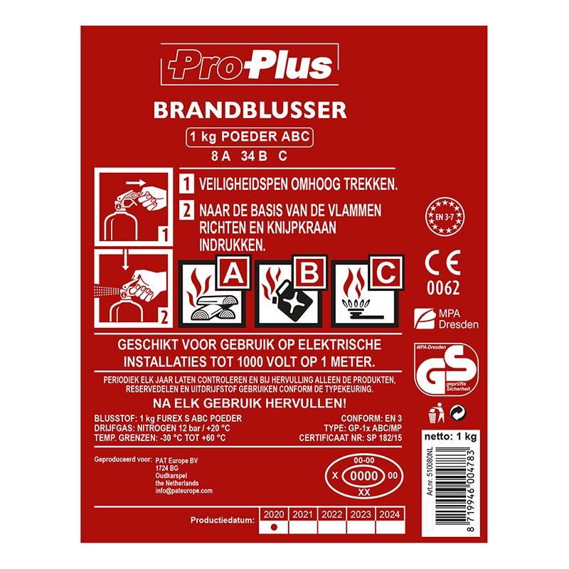 Proplus brandblusser 1kg abc poeder nl + manometer vorstbestendig universeel inzetbaar