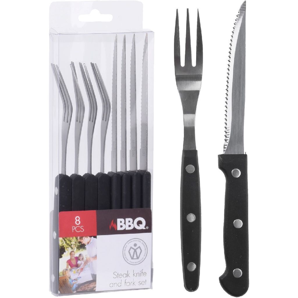 BBQ Steakmesser und Gabeln 8 Stück Edelstahl schwarz