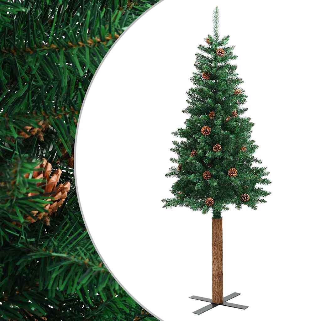 Vidaxl Weihnachtsbaum mit echten Holz- und Kiefernkegeln schmal 150 cm PVC Grün
