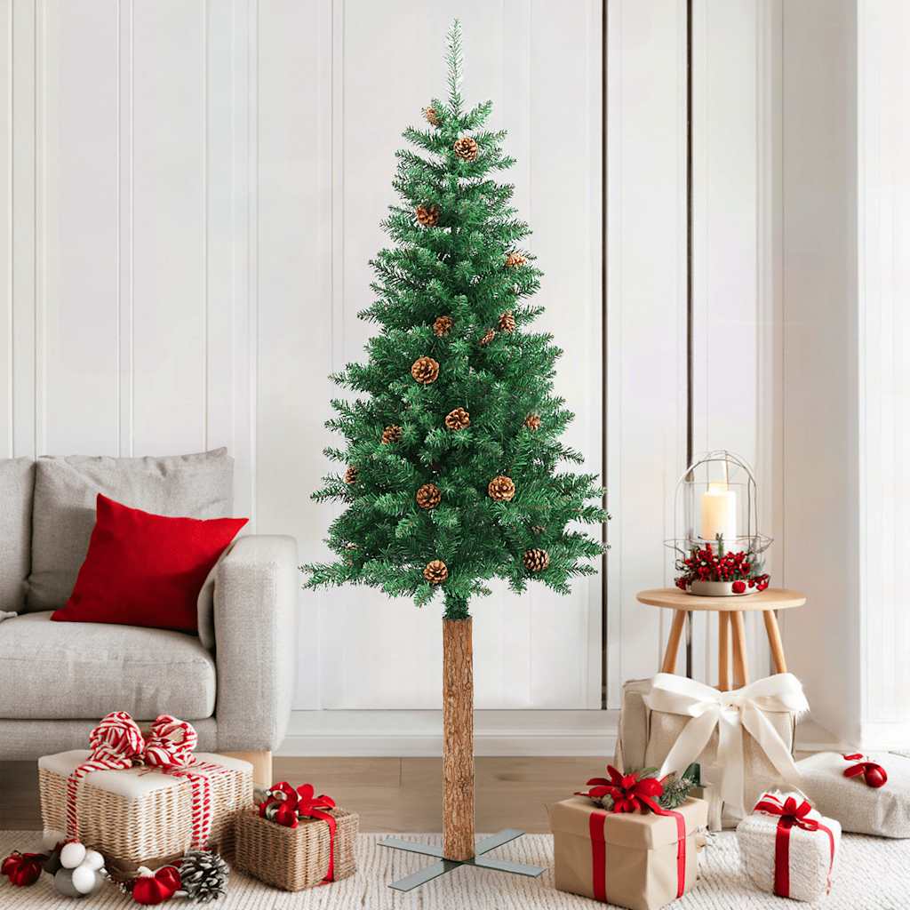 Vidaxl kerstboom met echt hout en dennenappels smal 180 cm pvc groen