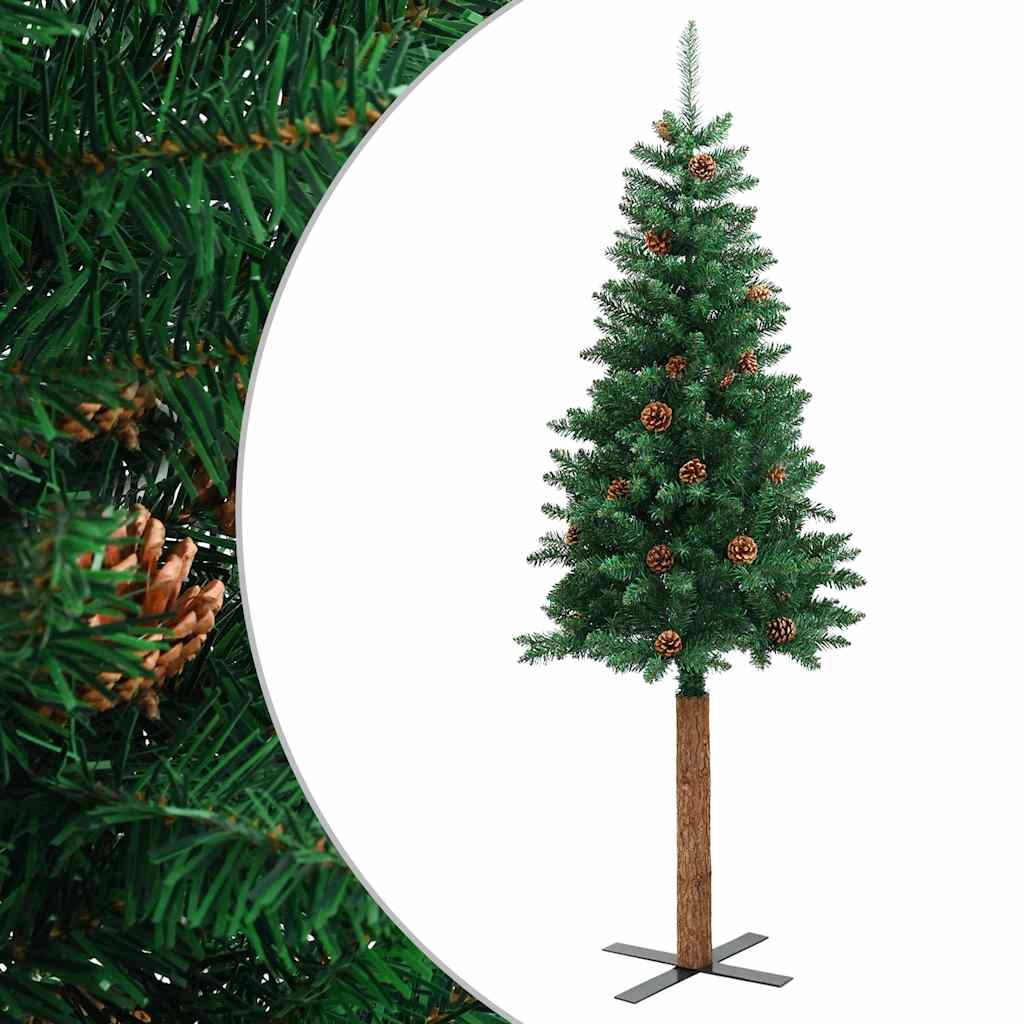 Vidaxl kerstboom met echt hout en dennenappels smal 210 cm pvc groen