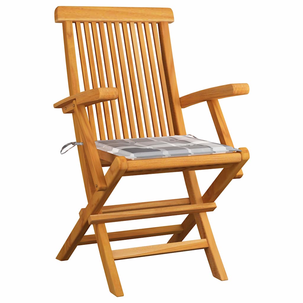 Vidaxl tuinstoelen 2 st met grijs geruite kussens massief teakhout