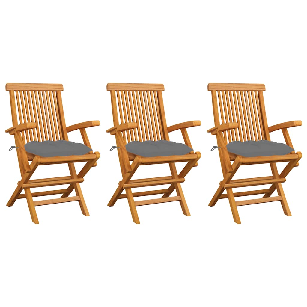 Vidaxl tuinstoelen 3 st met grijze kussens massief teakhout