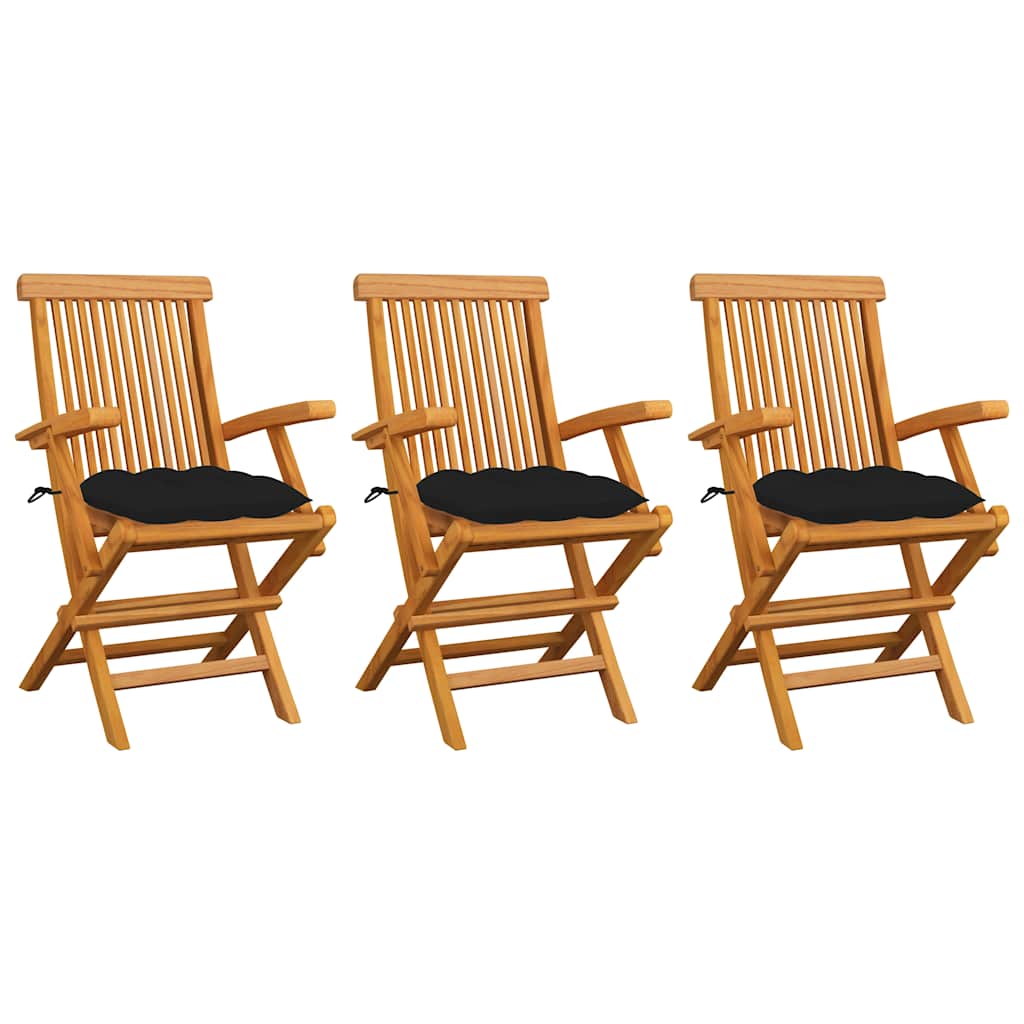 Vidaxl tuinstoelen 3 st met zwarte kussens massief teakhout