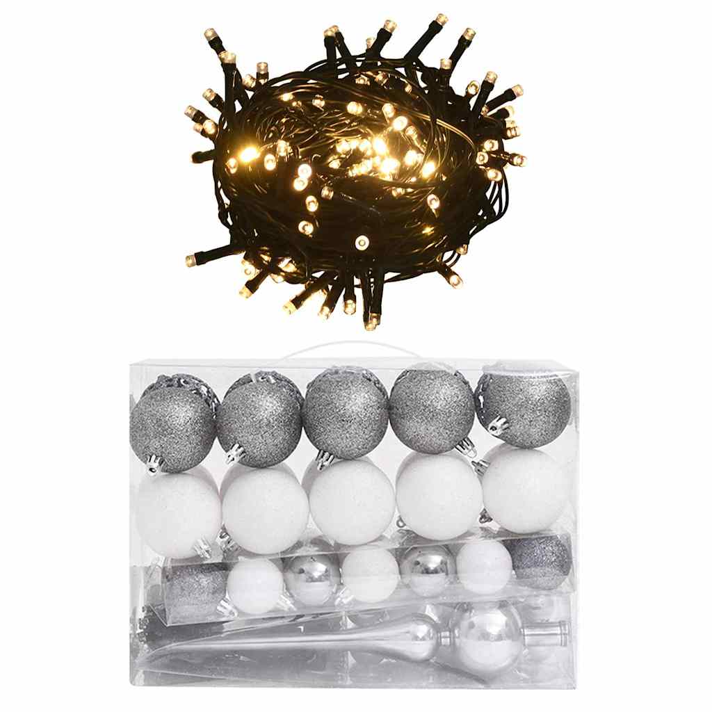 VidaXL 60-teiliges Weihnachtskugel-Set mit Schirm und 150 LEDs weiß und grau