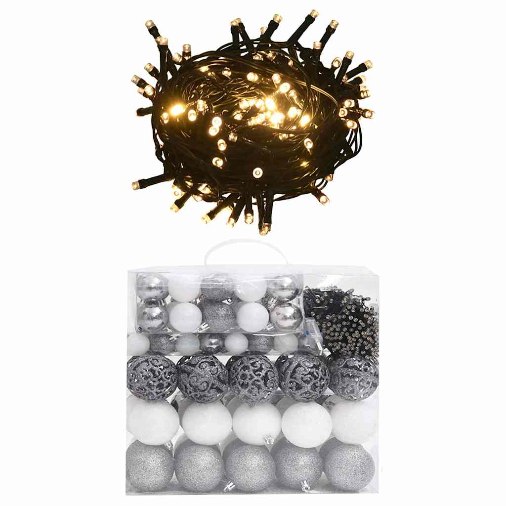 VIDAXL 120-TEIL-Weihnachtsball-Set mit Spitzen- und 300 LEDs weiß und grau