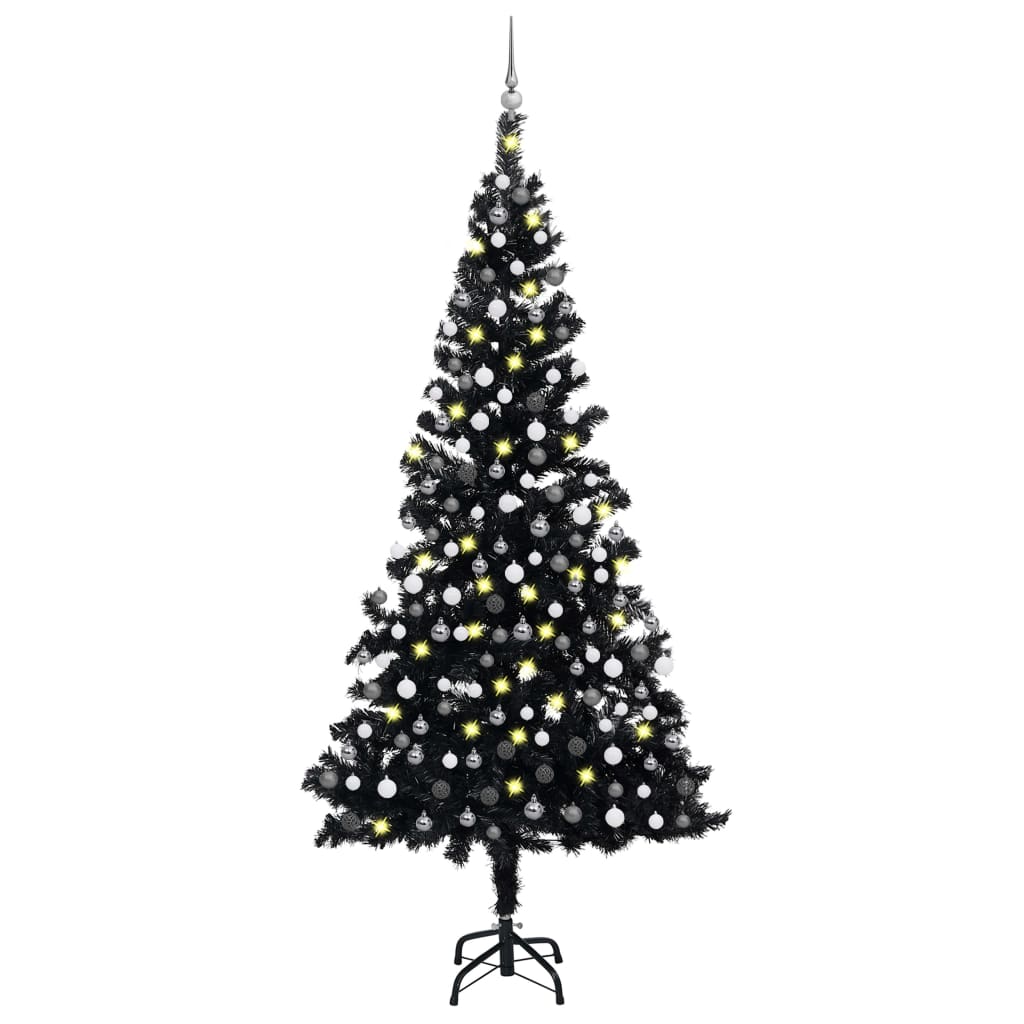 Vidaxl Kunstkerstboom mit Beleuchtung und Weihnachtsbällen 210 cm PVC Schwarz