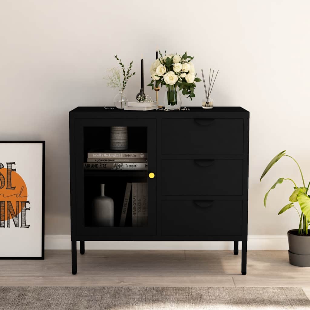 Vidaxl dressoir 75x35x70 cm staal en gehard glas zwart
