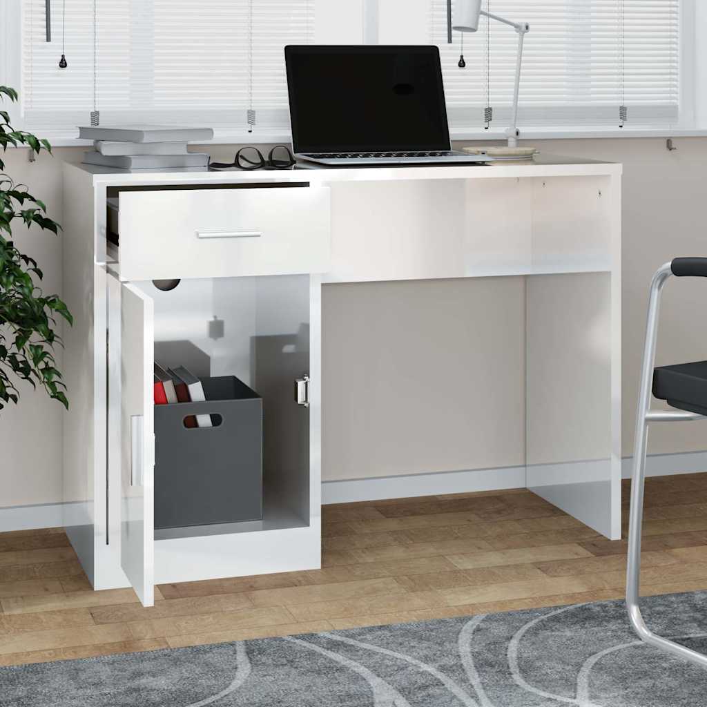 Vidaxl bureau met kast en lade 100x40x73 cm bewerkt hout hoogglans wit