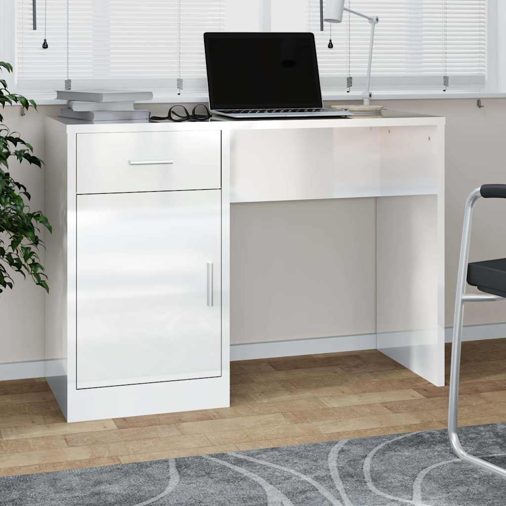 Vidaxl bureau met kast en lade 100x40x73 cm bewerkt hout hoogglans wit