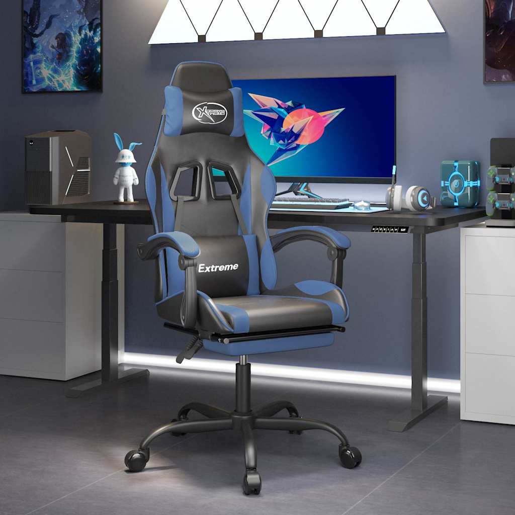 Vidaxl gamestoel draaibaar met voetensteun kunstleer zwart en blauw