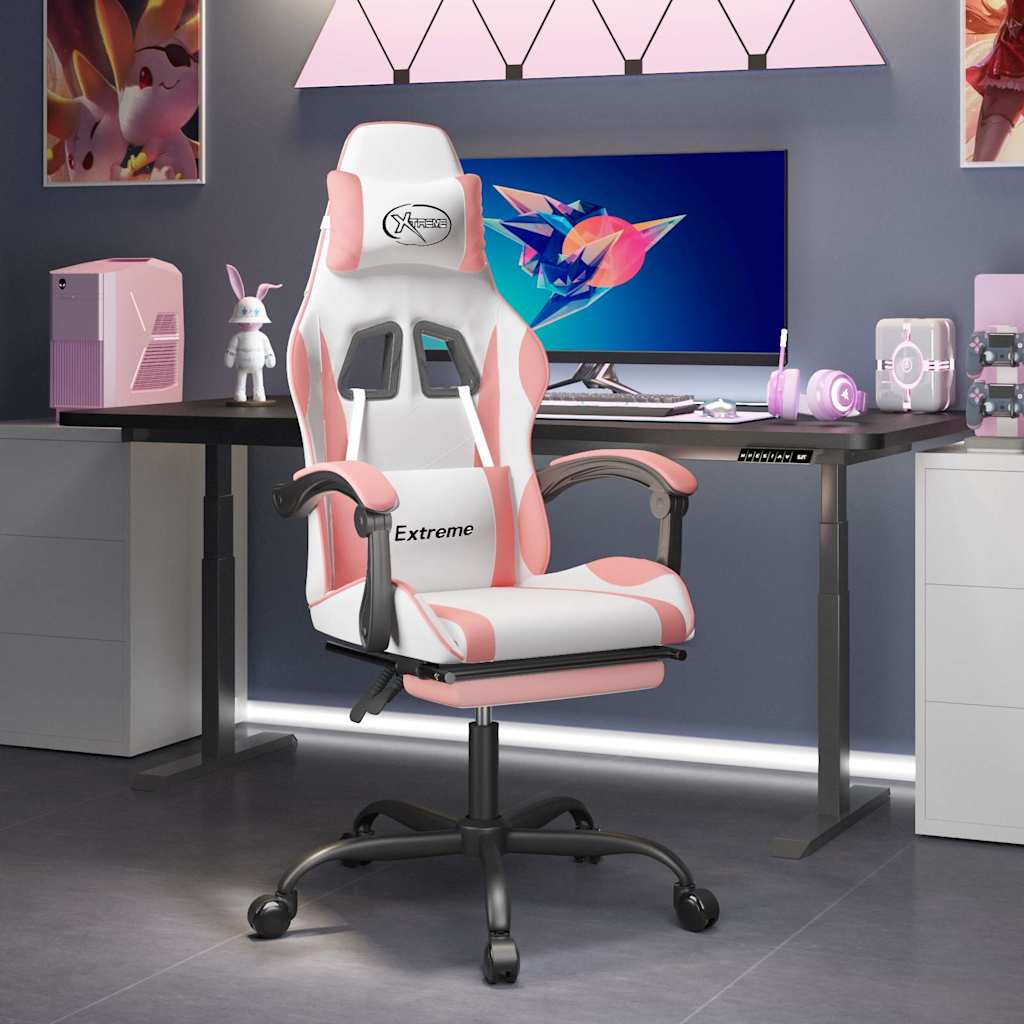 Vidaxl gamestoel draaibaar met voetensteun kunstleer wit en roze