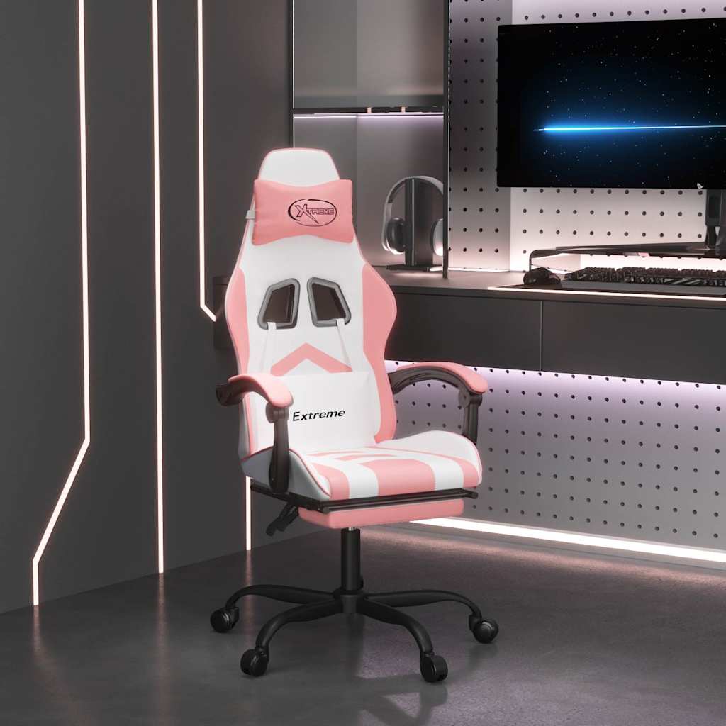 Vidaxl gamestoel draaibaar met voetensteun kunstleer wit en roze