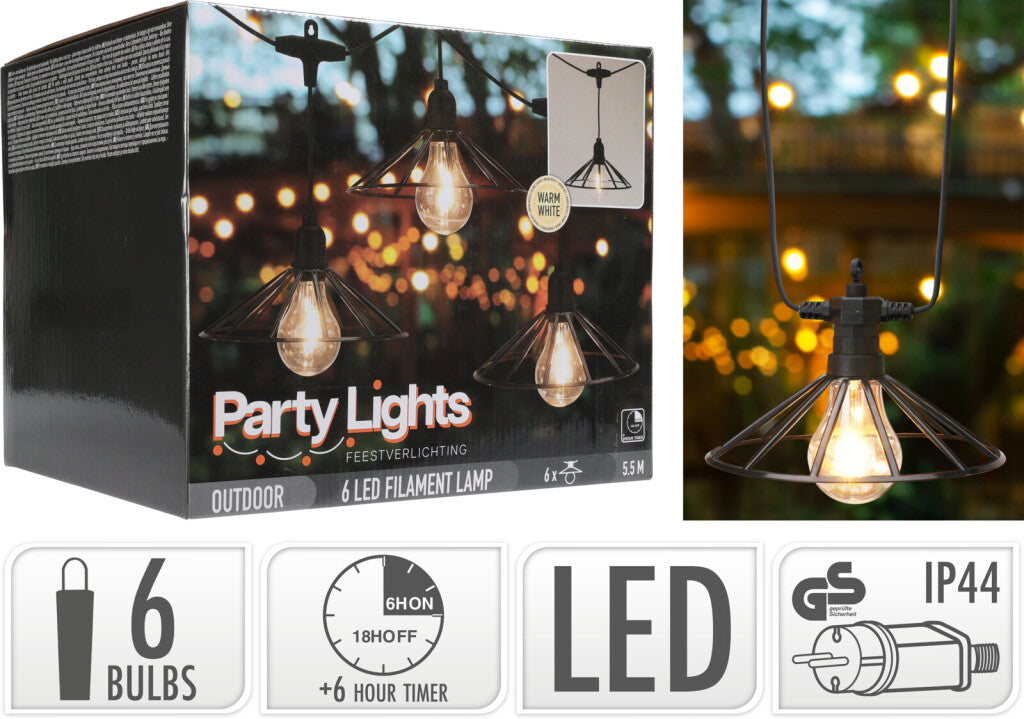 Excellent houseware pro garden party lights vintage led lichtsnoer 6 filament lampen met industrieel korfje 5.5m ip44
