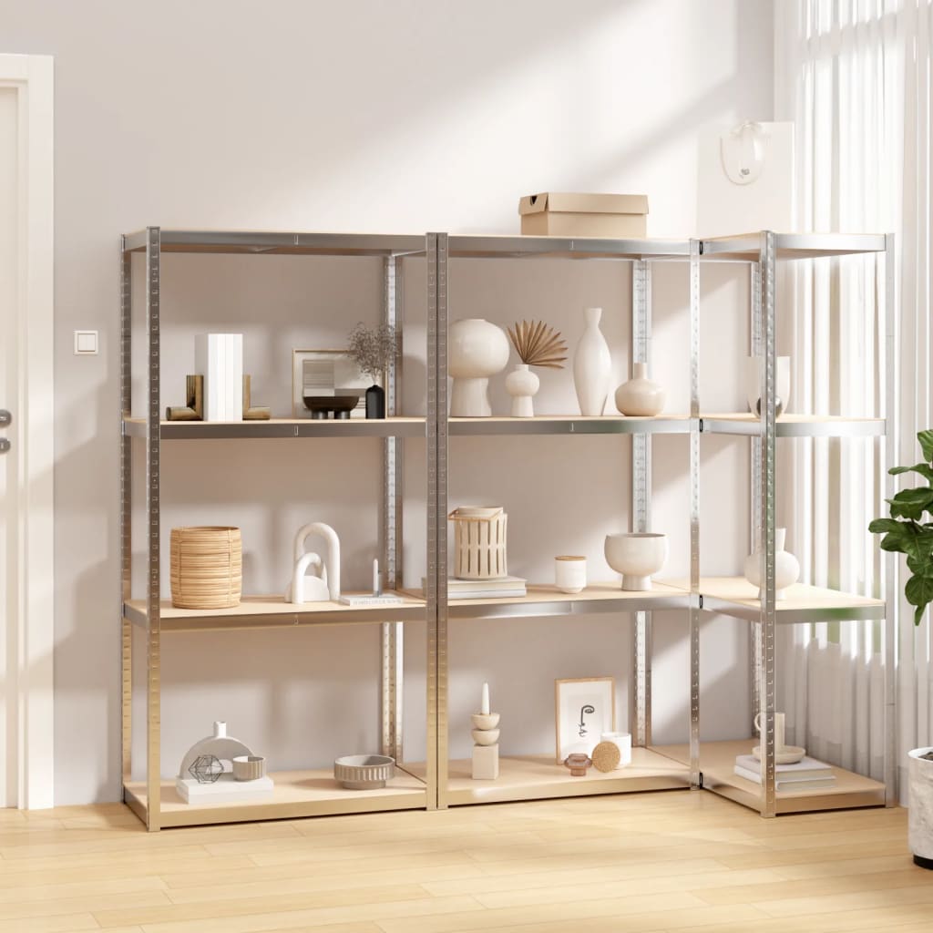 VidaXL Lagerregal 4 Ebenen 3 Stück Stahl verarbeitetes Holz silberfarben