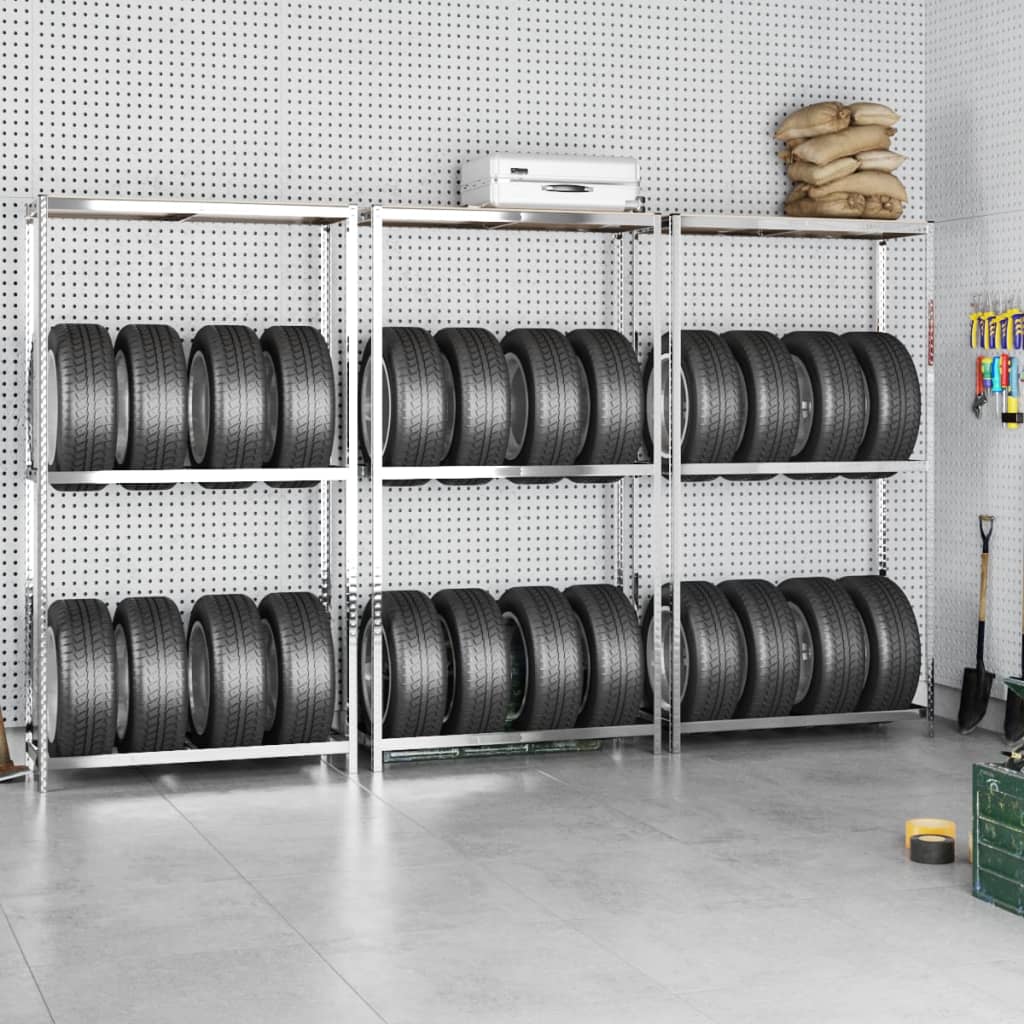 VidaXL Reifenregale 2-lagig 3 Stück 110x40x180 cm Stahl silberfarben
