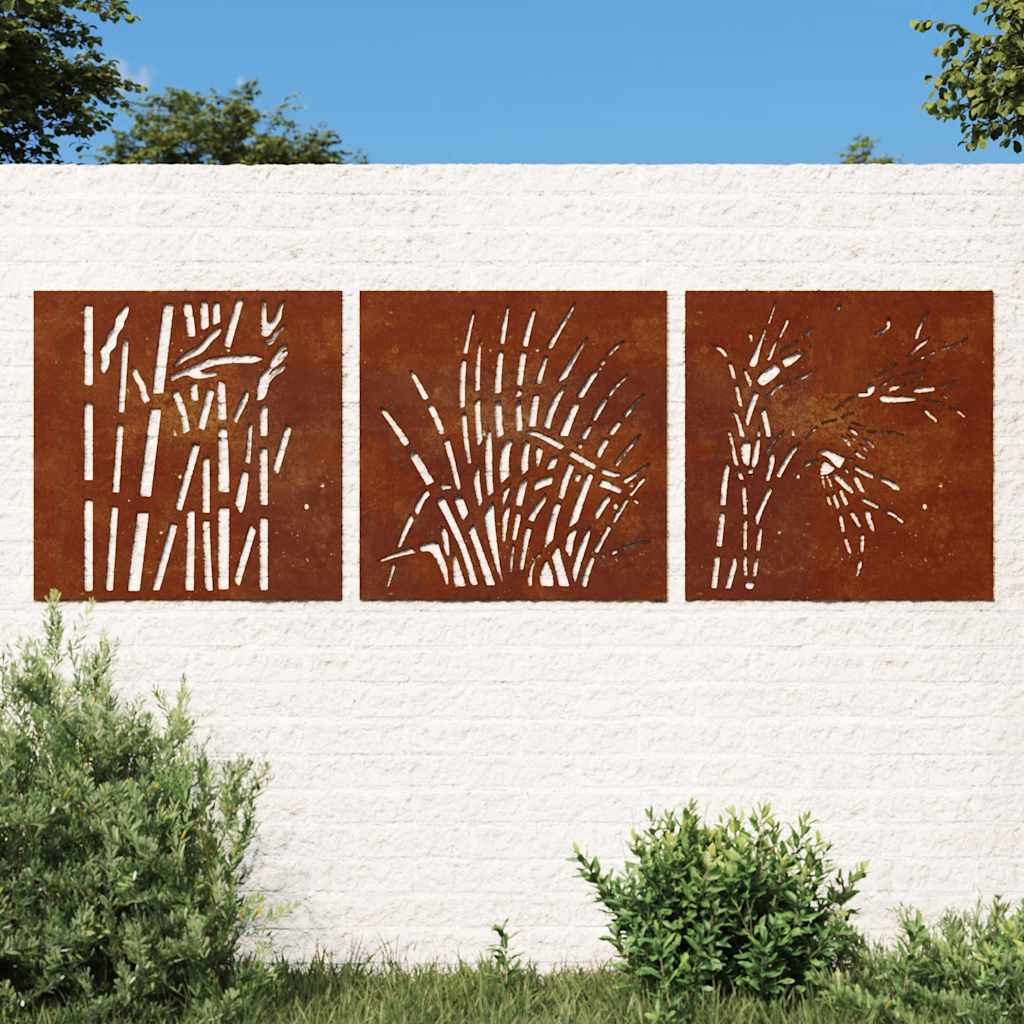 Vidaxxl Wanddekoration Garten 3 Stück Grasdesign 55x55 cm Cortenstahl