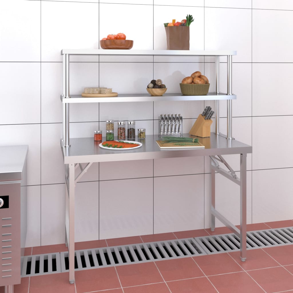 VidaXL Küchenarbeitstisch mit oberer Ablage 120x60x145 cm Edelstahl