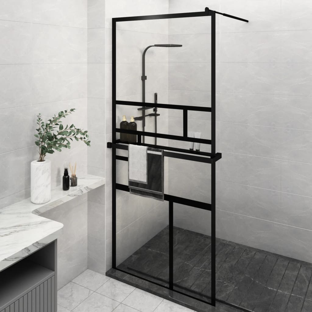 VidaXL Walk-in Duschabtrennung mit Ablage 90x195 cm ESG Glas Aluminium schwarz