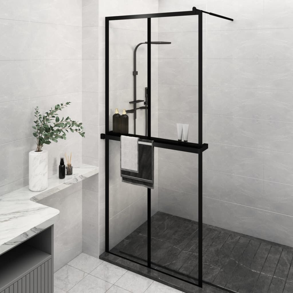 VidaXL Walk-in Duschabtrennung mit Ablage 100x195 cm ESG Glas Aluminium schwarz