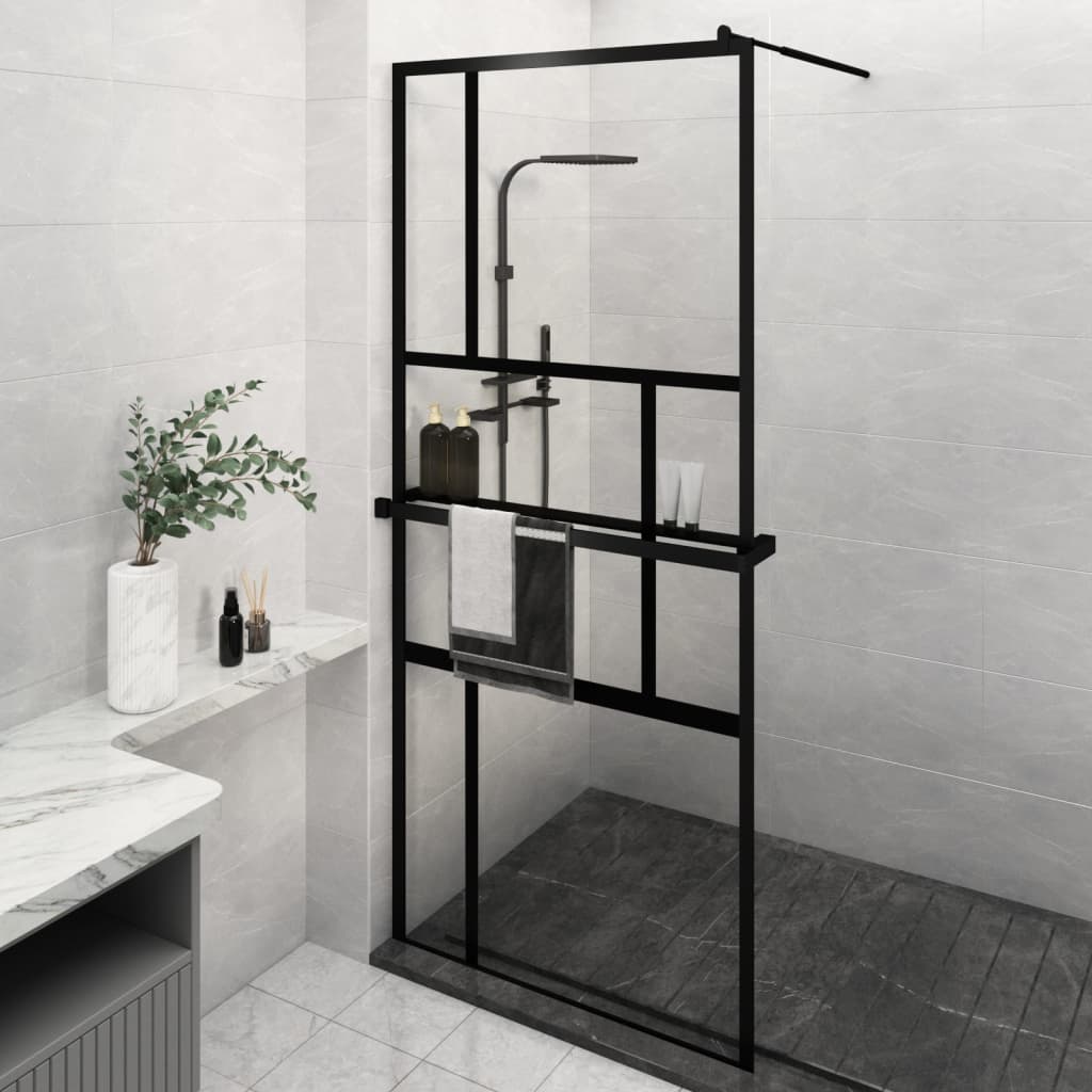 VidaXL Walk-in Duschabtrennung mit Ablage 100x195 cm ESG Glas Aluminium schwarz