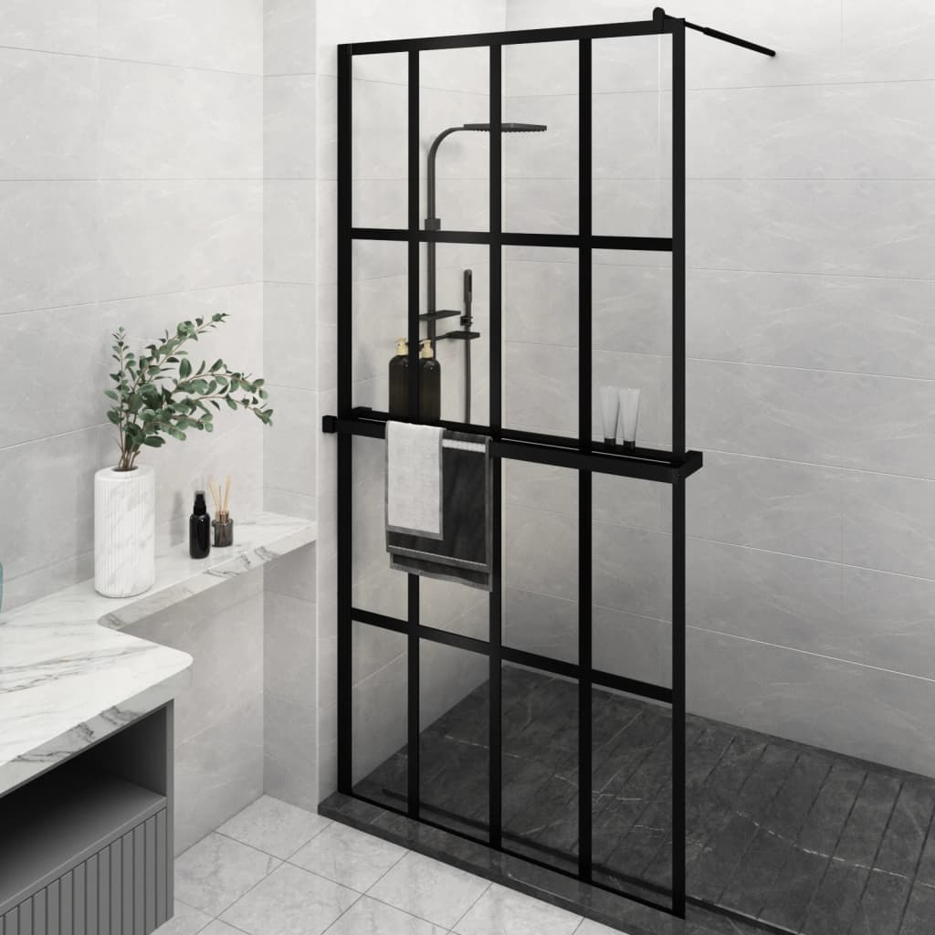 VidaXL Walk-in Duschabtrennung mit Ablage 118x190 cm ESG Glas Aluminium schwarz
