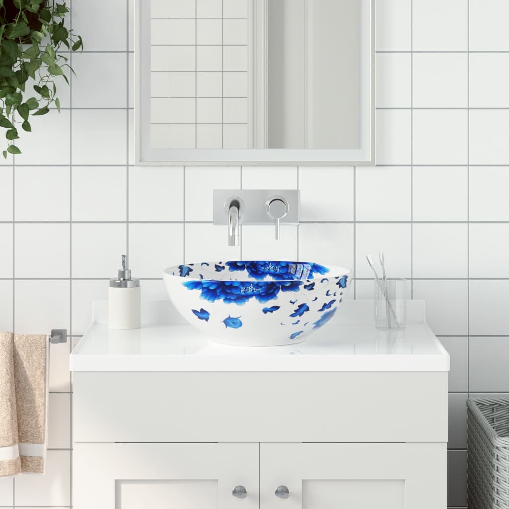 VidaXL Aufsatzwaschbecken rund Φ41x14 cm aus Keramik weiß und blau