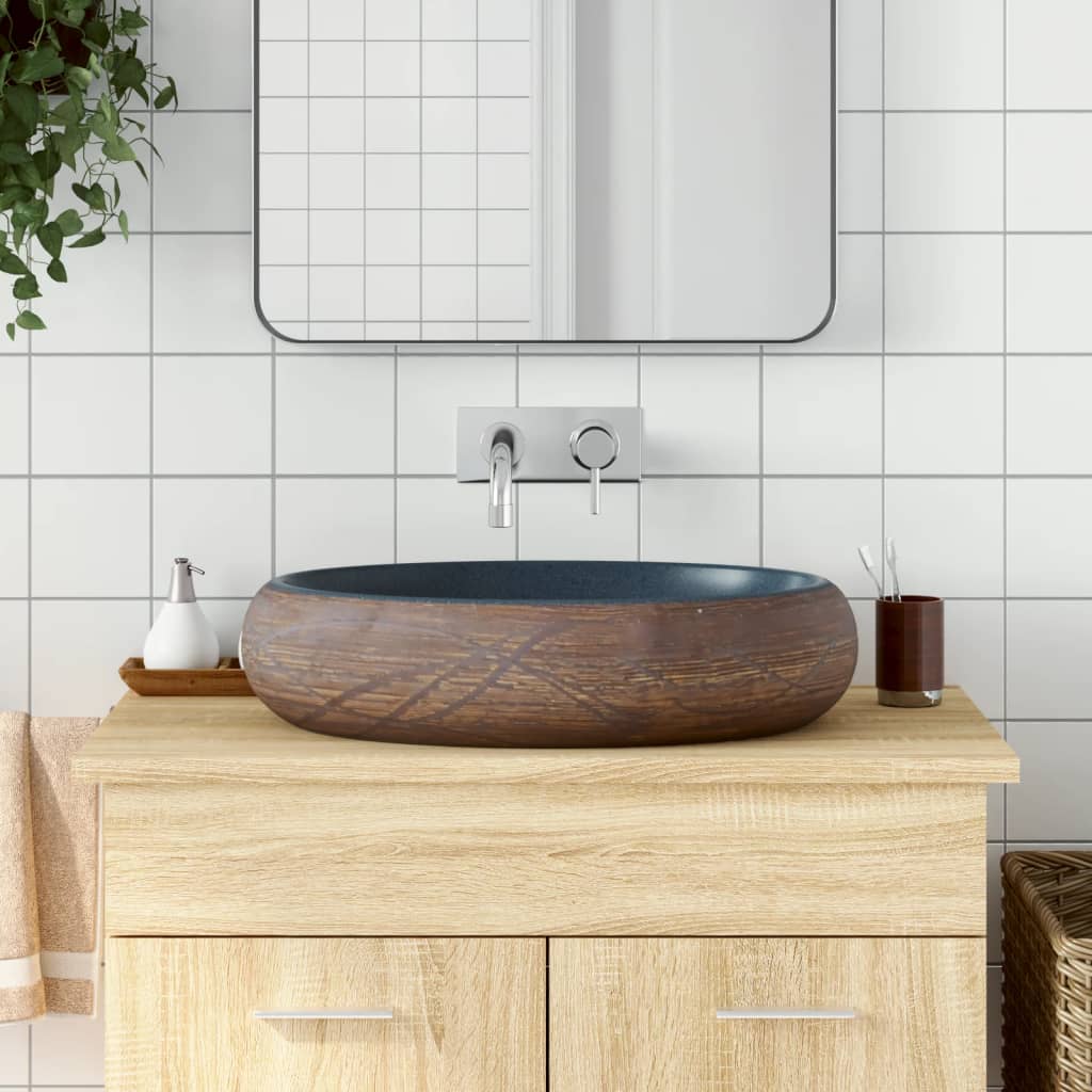 VidaXL Aufsatzwaschbecken oval 59x40x15 cm Keramik braun und blau