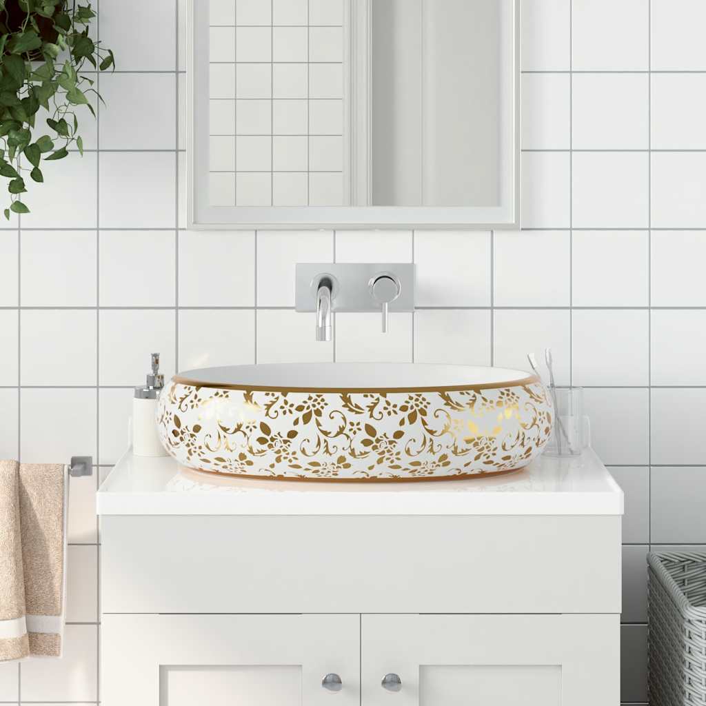 Vidaxx Aufsatzwaschbecken oval 59x40x15 cm aus Keramik weiß und gold