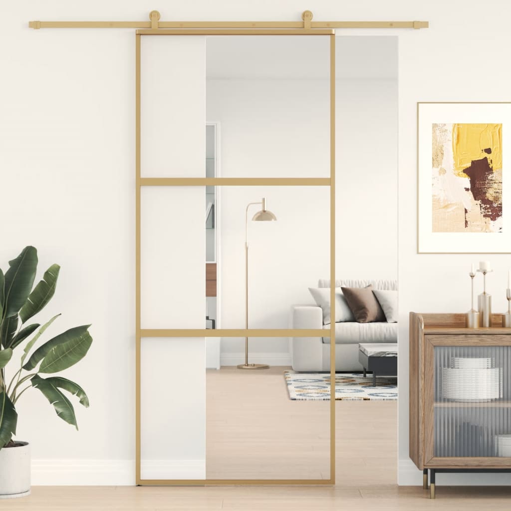 Vidaxx Schiebetür 90x205 cm klares ESG-Glas und Aluminium goldfarben