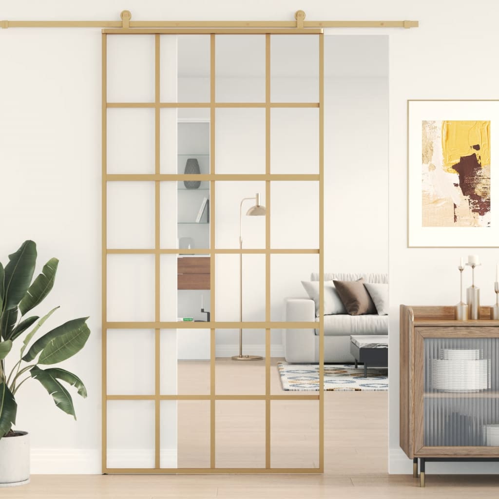 VidaXL Schiebetür 102,5 x 205 cm, klares ESG-Glas und goldfarbenes Aluminium