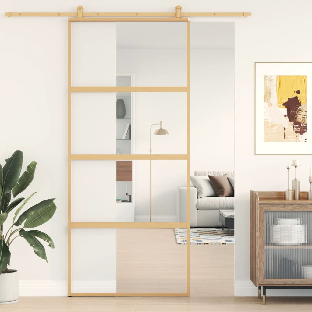 Vidaxx Schiebetür 90x205 cm klares ESG-Glas und Aluminium goldfarben