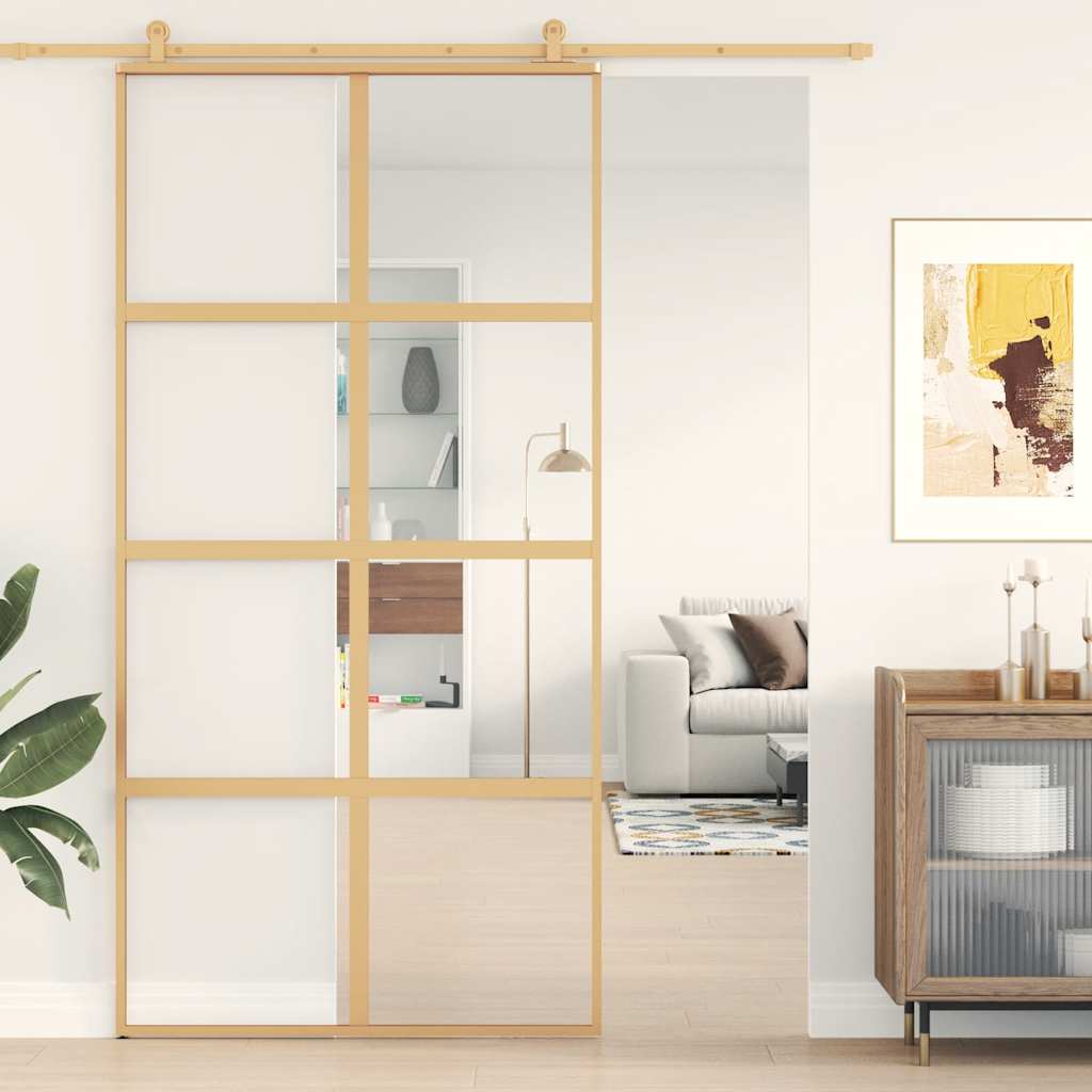 Vidaxx-Schiebetür 102,5 x 205 cm, klares ESG-Glas und Aluminium-Goldfarbe