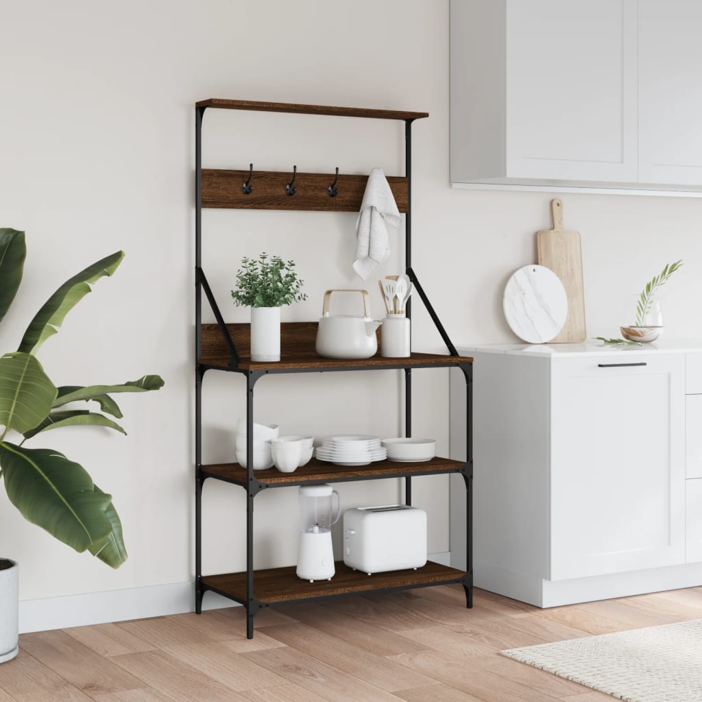 Vidaxl Bäckerregal mit Haken, 4-schichtig verarbeitetes Holz, braune Eiche