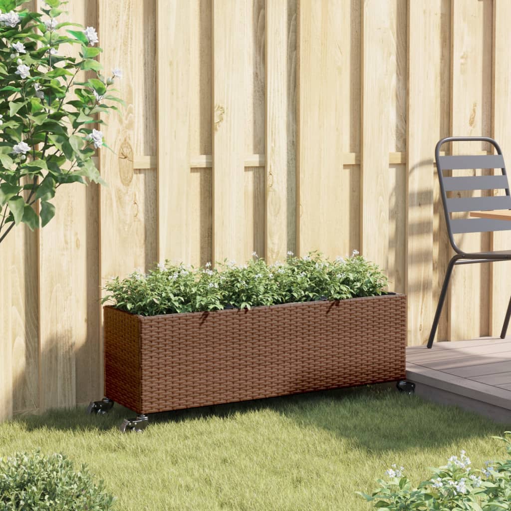 VidaXL Pflanzgefäß mit Rädern 3 Töpfe 107x32x38 cm Polyrattan braun