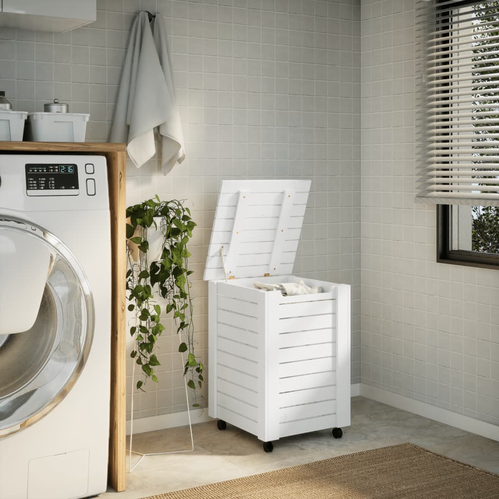 Vidaxx Wäschekorb mit Rollen Rana 45x45x64 cm massives Kiefernholz weiß