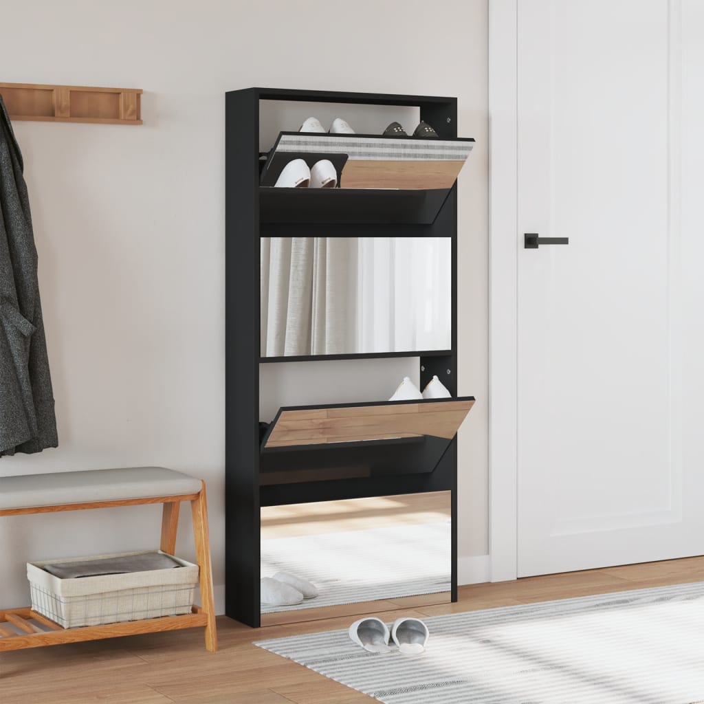 VidaXL Schuhschrank mit Spiegel 4-stöckig 63x17x134 cm schwarz