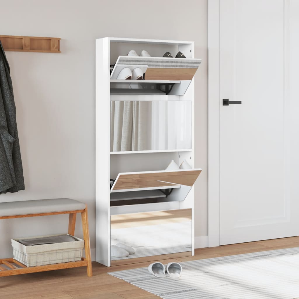 VidaXL Schuhschrank mit Spiegel 4-stöckig 63x17x134 cm Hochglanz-Weiß