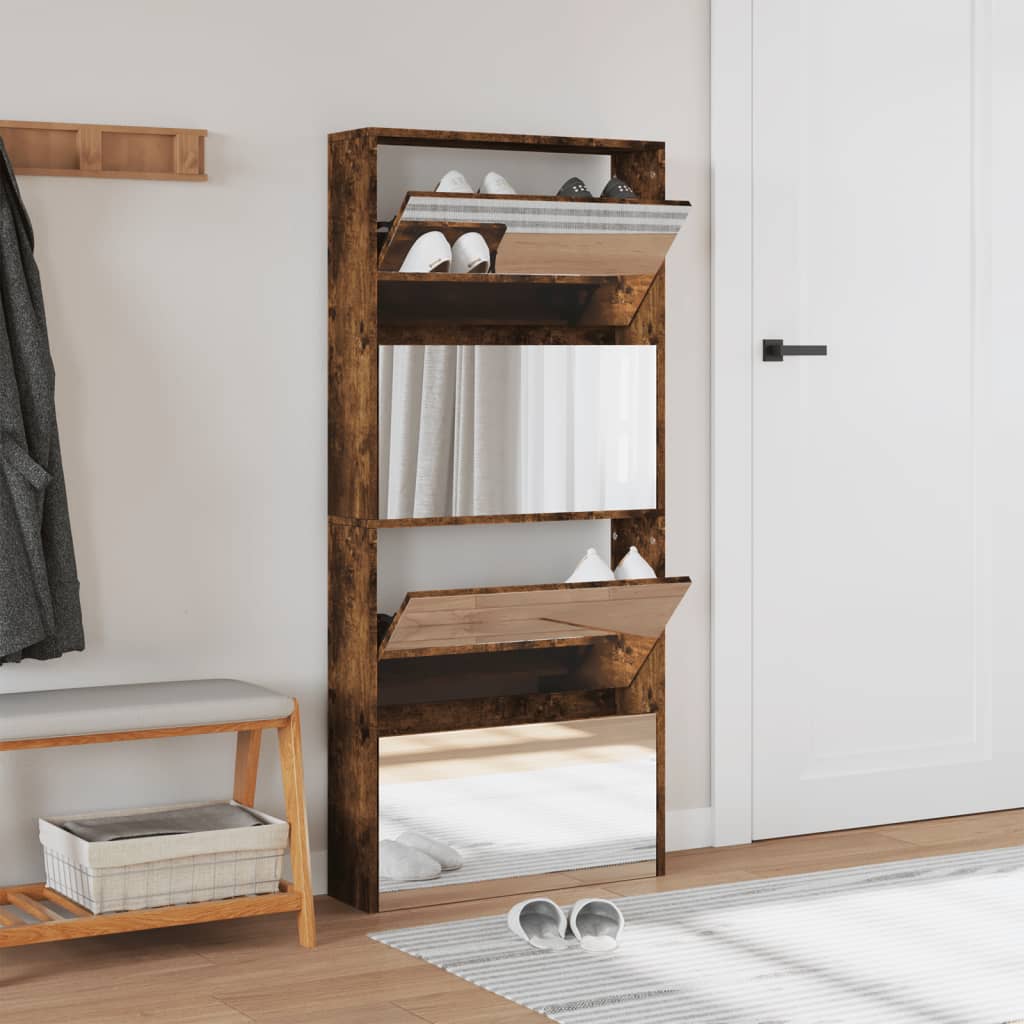 VidaXL Schuhschrank mit Spiegel 4-stöckig 63x17x134 cm Räuchereiche