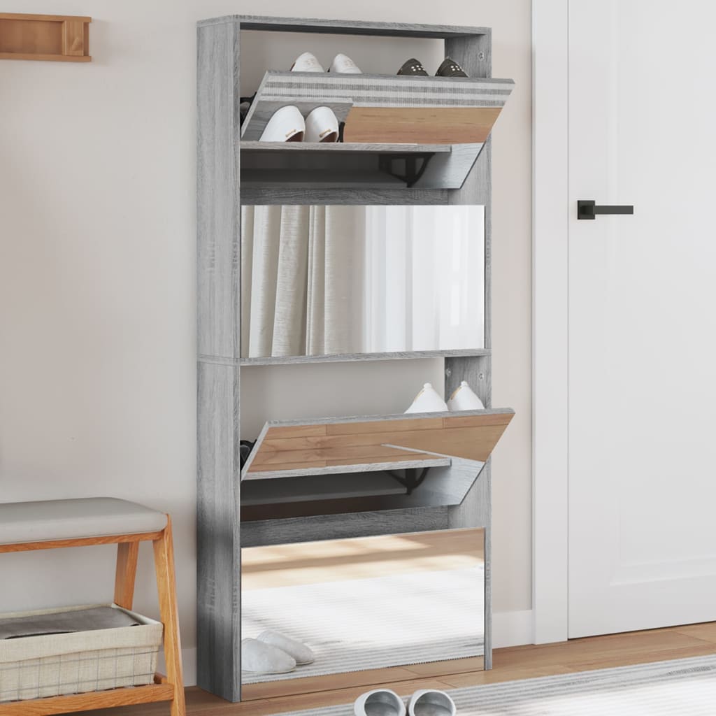 VidaXL Schuhschrank mit Spiegel 4-stöckig 63x17x134 cm Grau Sonoma